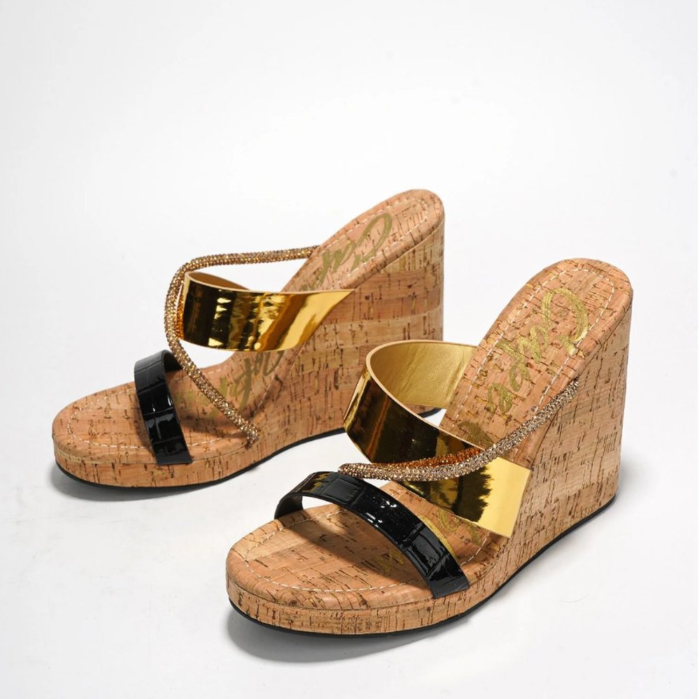Xando Slip On Cork Wedge Slides Multi Size Triple Straps Rhinestones